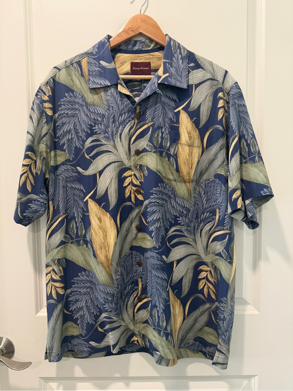 Tommy Bahama Navy Blue Tropical Leaf Camp Shirt with Gold Accents